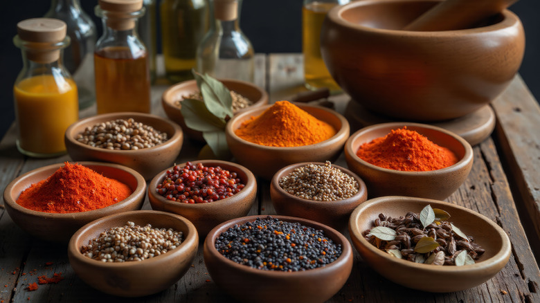 An array of spices separately organized in several wooden bowls