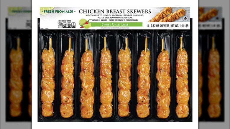 Aldi's Sweet Chili Lime Chicken Skewers inside packaging