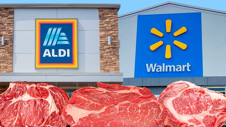 Aldi and Walmart store signs above three raw steaks