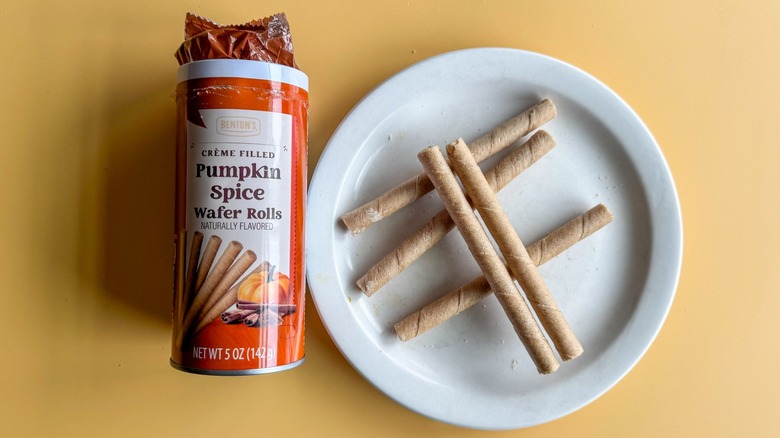 Benton's pumpkin spice wafer rolls on yellow background