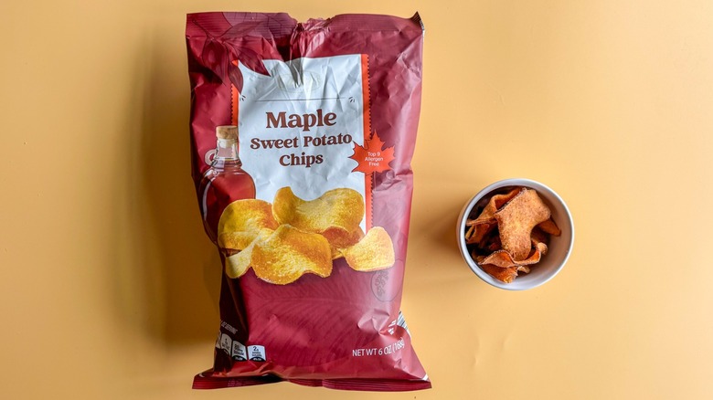 Maple Sweet Potato Chips on yellow background