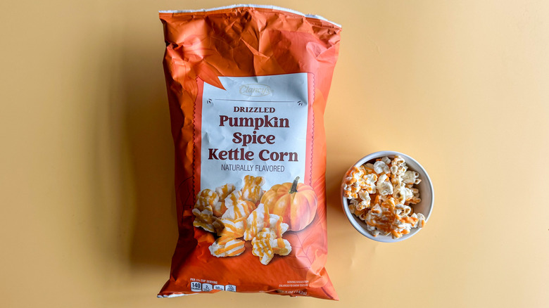 Pumpkin Spice Kettle Corn on yellow background