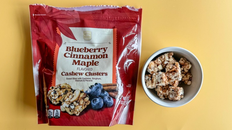 Maple Blueberry Cashew Clusters on yellow background