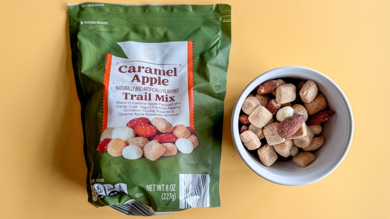Caramel Apple trail mix on yellow background