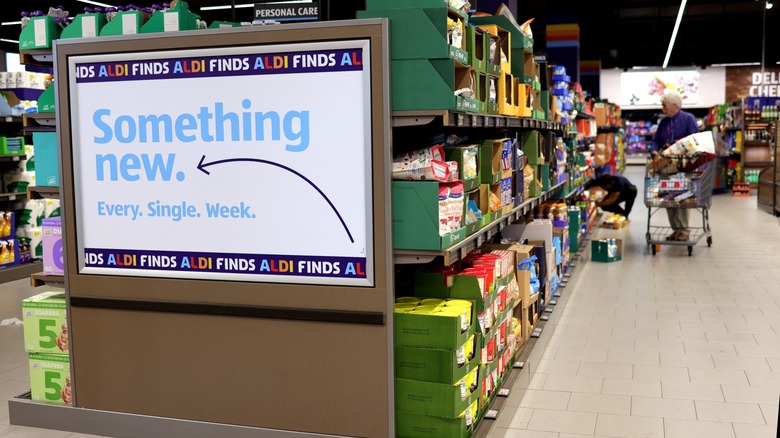 An Aldi Finds sign inside an Aldi store