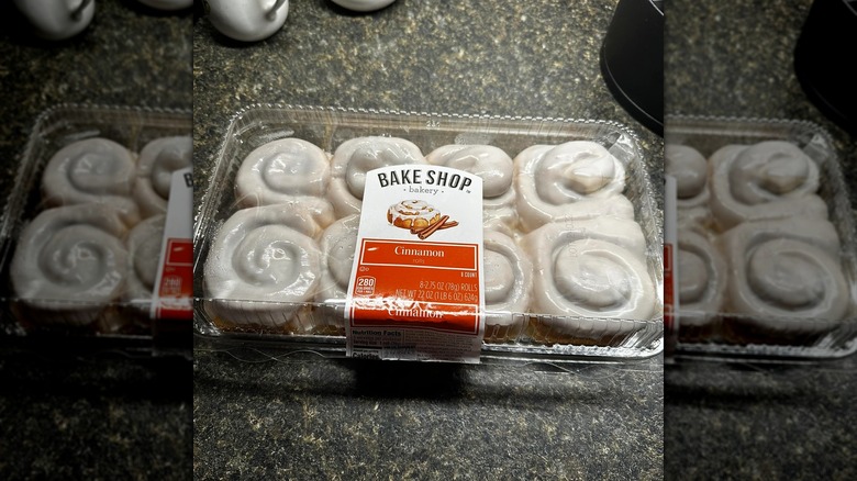 a sealed pack of Aldi bake shop cinnamon rolls on a kitchen counter