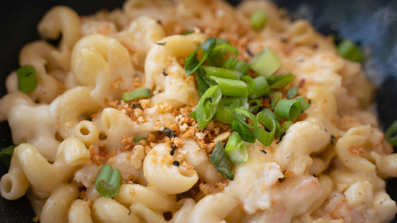 A close-up image of a decadent lobster mac and cheese with spring onions layered on top