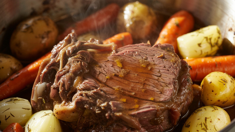 Pot roast is joined by carrots, potatoes, and herbs.