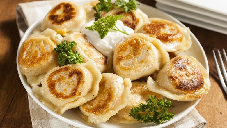 Fried pierogi in a bowl