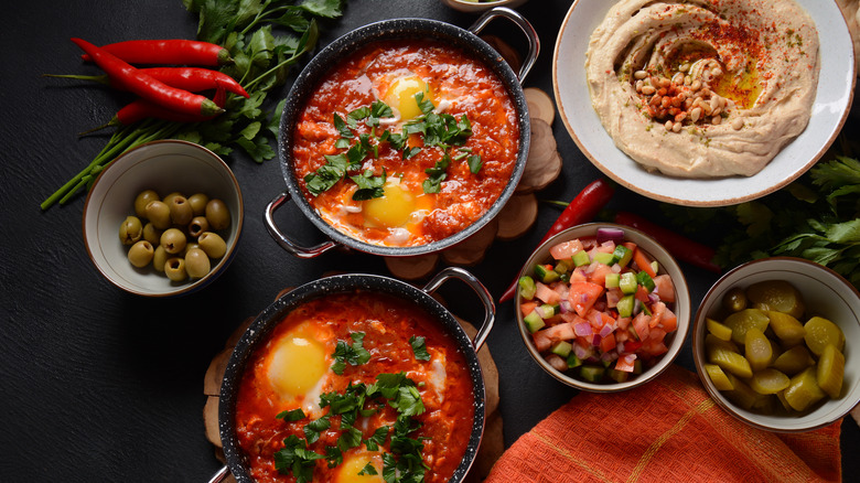 shakshuka with salad and hummus