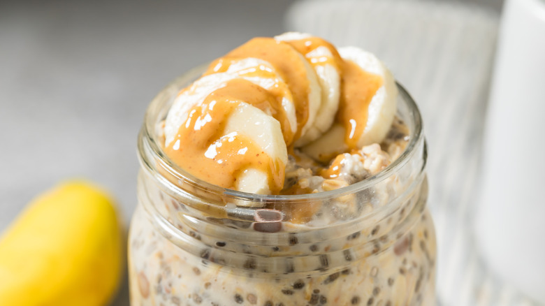 Healthy Breakfast Overnight Oats Oatmeal with Banana Chia and Peanut Butter