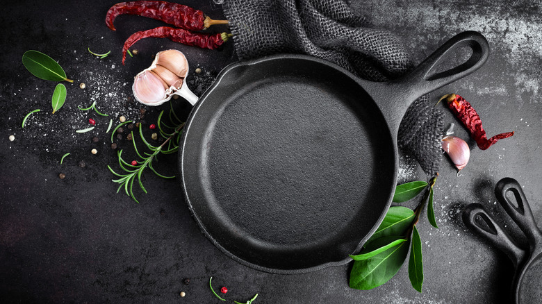 A cast iron pan on a black background