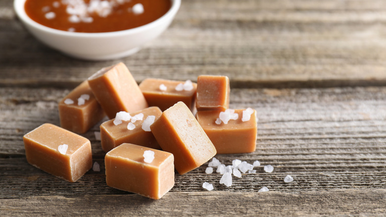 cubes of caramel fudge with salt flakes