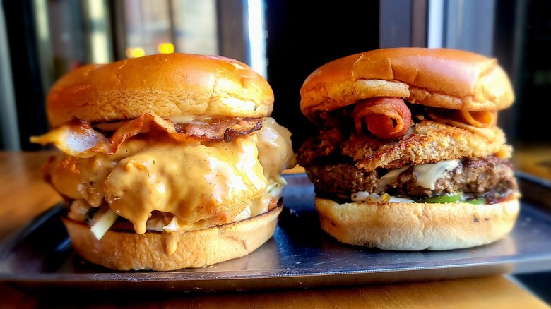 Two burgers on a plate at Block 16 in Omaha, Nebraska