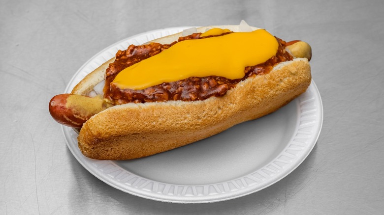 A hot dog with chili and cheese sauce from Hank's Franks in Lodi, New Jersey