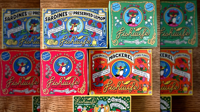 A selection of Fishwife products on wooden table.