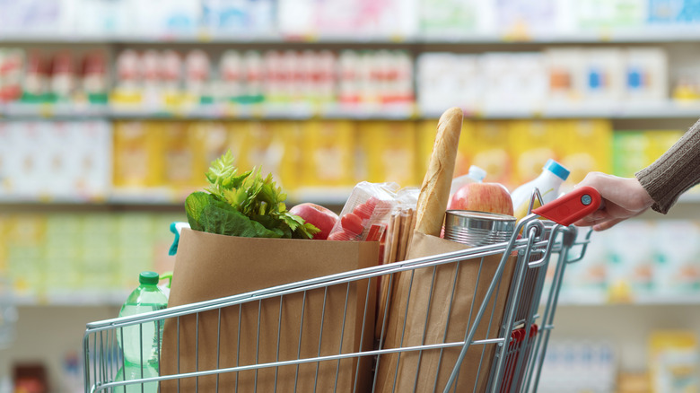 Person pushing cart with bagged groceries