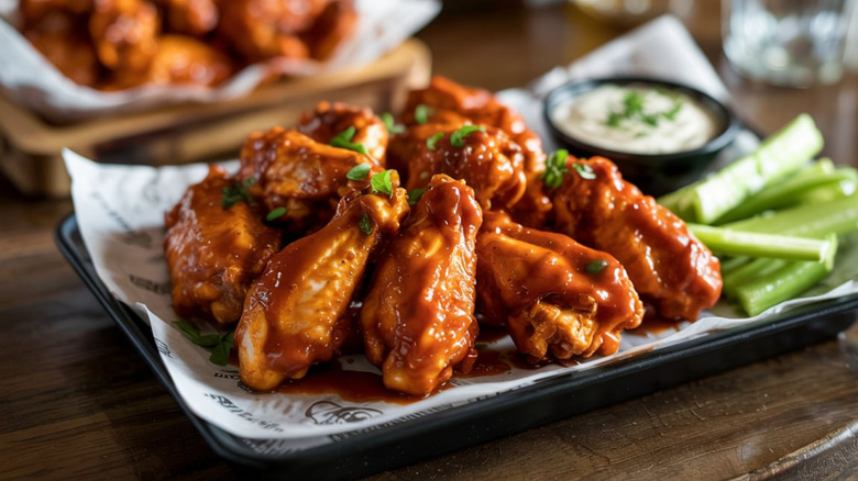 Plate of chicken wings with sauce.