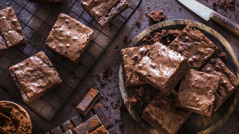 Overhead view of cut brownies