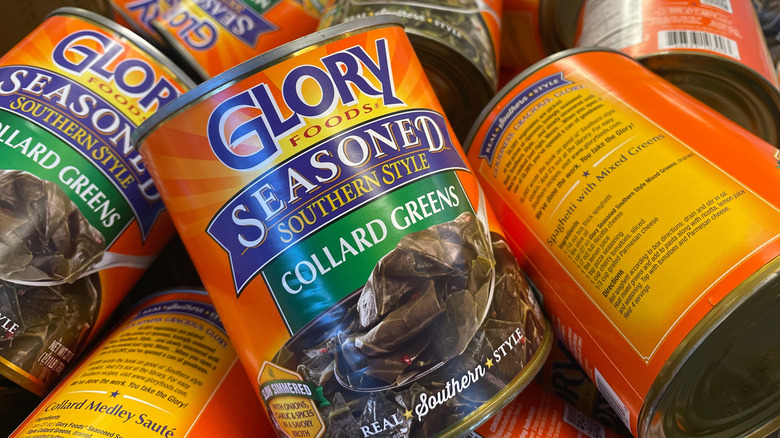 Cans of Glory Foods Seasoned Southern Style Collard Greens