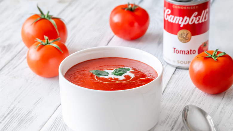 A can and bowl of tomato soup with fresh tomatoes surrounding them