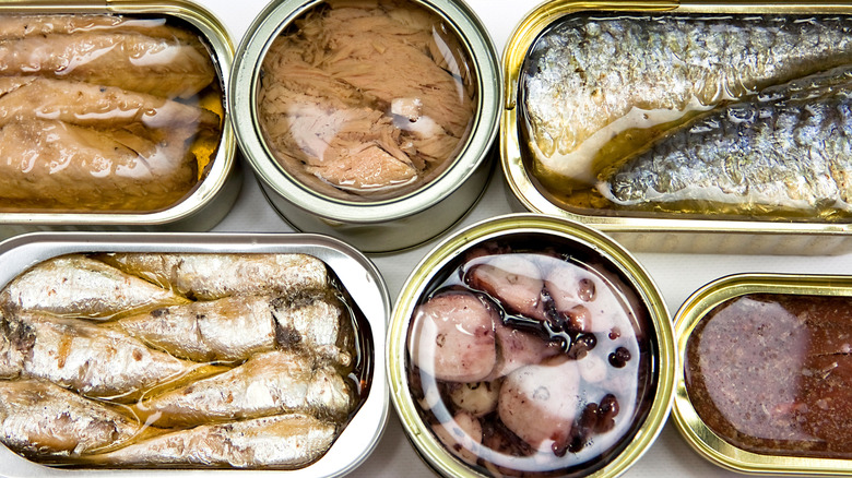 Various types of canned fish in open tins
