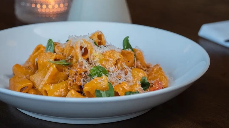 a Bowl of rigatoni with tomato sauce and basil from Estelle in St. Paul