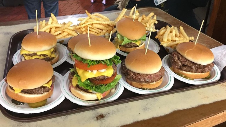 A tray of burgers and fries at Lions Tap in Minneapolis