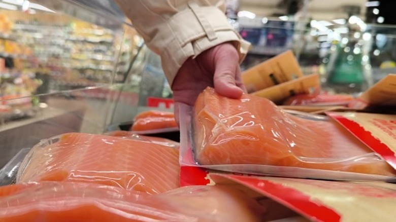 Frozen seafood in the grocery store