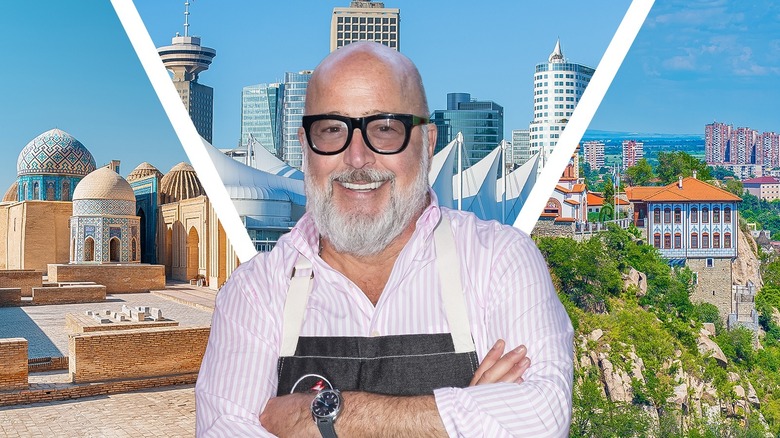 Andrew Zimmern standing in front of a collage of various food destinations