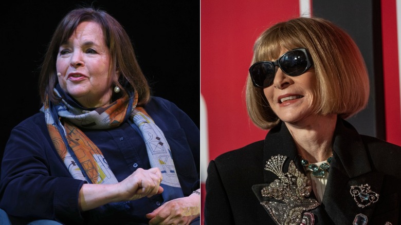 Side-by-side photos of celebrity chef Ina Garten talking on stage at an event and Vogue's Anna Wintour wearing sunglasses and smiling at a red carpet event.