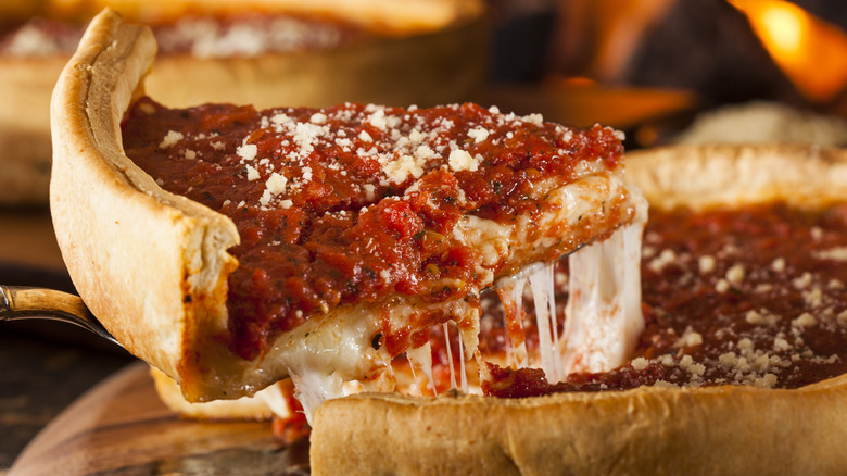 Chicago-style deep dish pizza slice