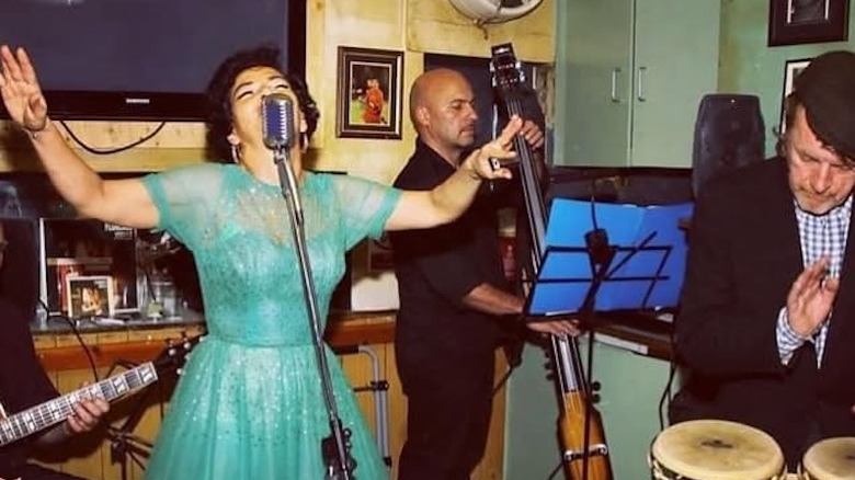 A band performing at Trisha's in Soho, London