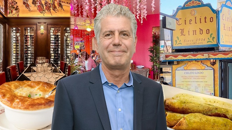 Anthony Bourdain against a collage of his favorite restaurants in Los Angeles