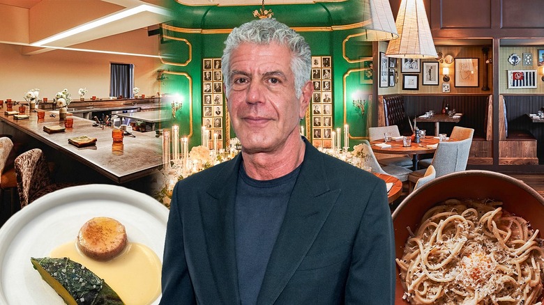 Anthony Bourdain in front of multiple restaurant interiors and dishes