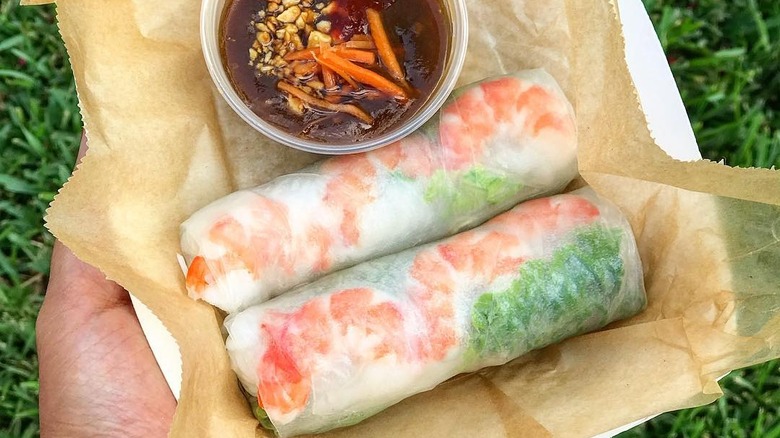 A person holding a plate of fresh spring rolls from Mai's Restaurant in Houston