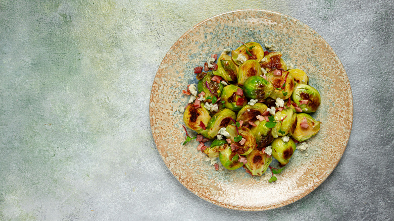 sprouts, bacon bits, and cheese on an earth-toned plate