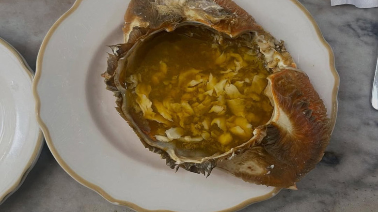 Swan Oyster Depot's crab back served on a white plate.