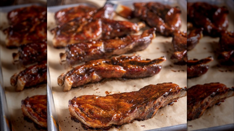 Country-style pork ribs on a sheet pan