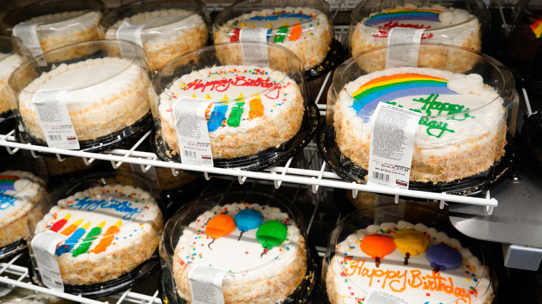 Shelves are stocked with birthday cakes at Costco