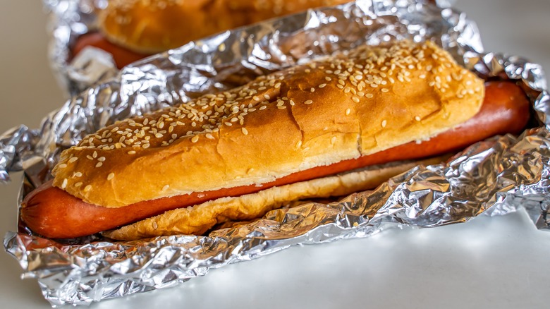 Photo of a Costco Hot Dog wrapped in Tin Foil
