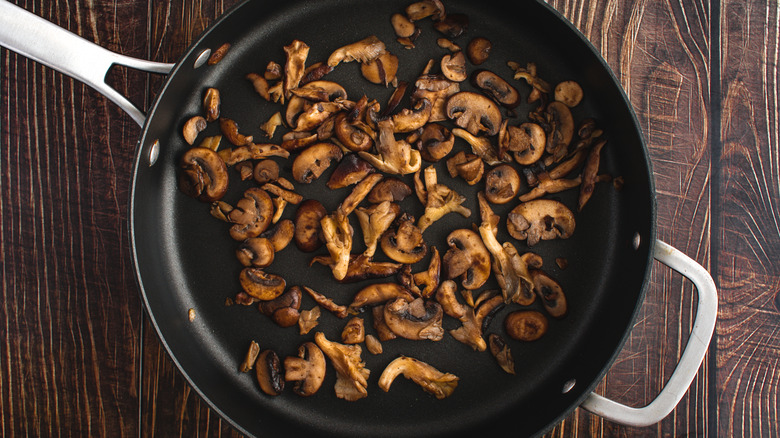 Overhead view of oyster, shiitake, and crimini mushrooms