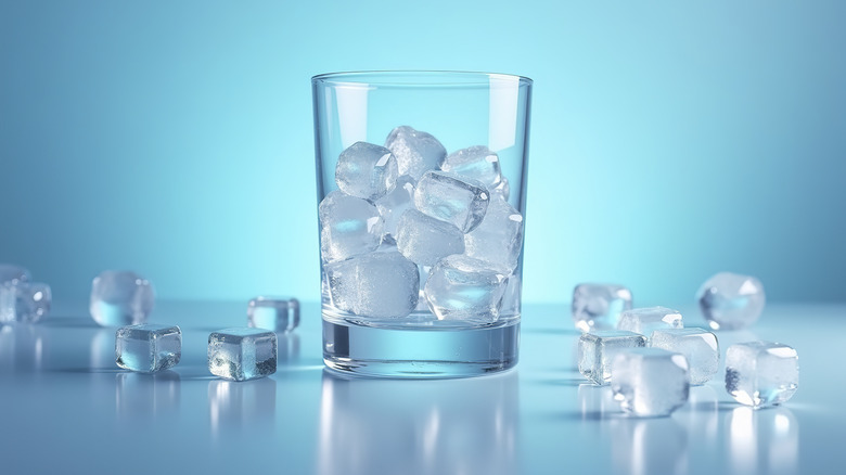 A vodka glass filled with ice cubes.