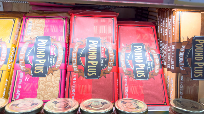 shelf of pound plus chocolate bars at Trader Joe's