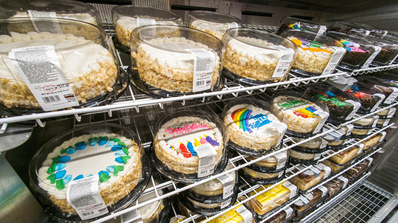 Refrigerated display of cakes at Costco