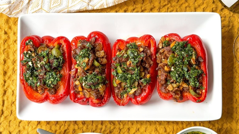Argentinian picadillo beef-stuffed bell peppers on serving platter