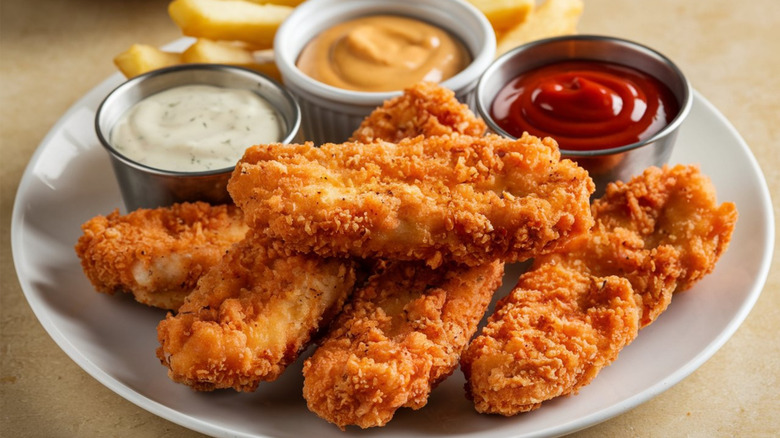 plate of chicken tenders with sauces and fries