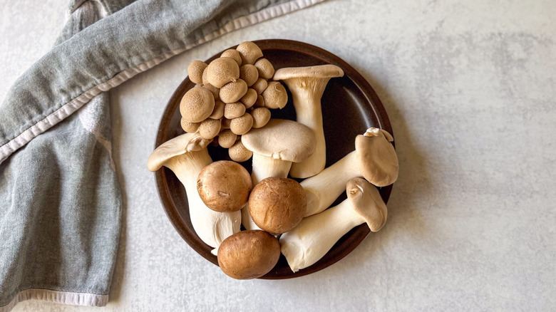 King oyster, brown beech, and cremini mushrooms on plate