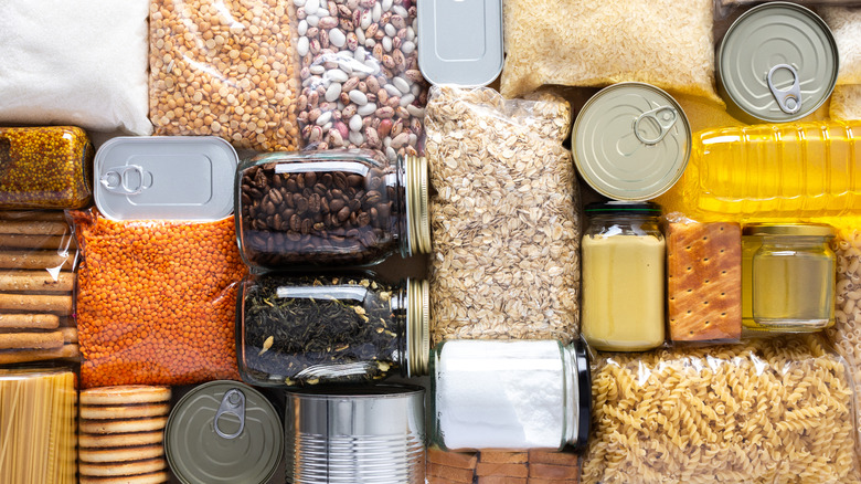 Various pantry ingredients arranged a la Tetris blocks