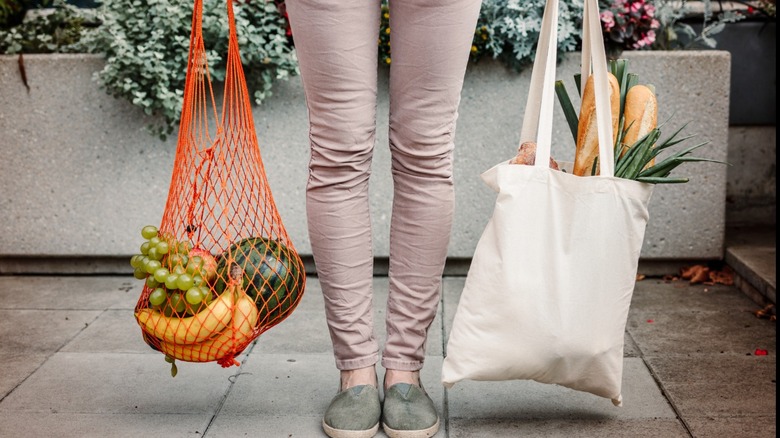 A person holding one mesh bag with fruit and a cloth tote with other groceries instead of plastic grocery bags.